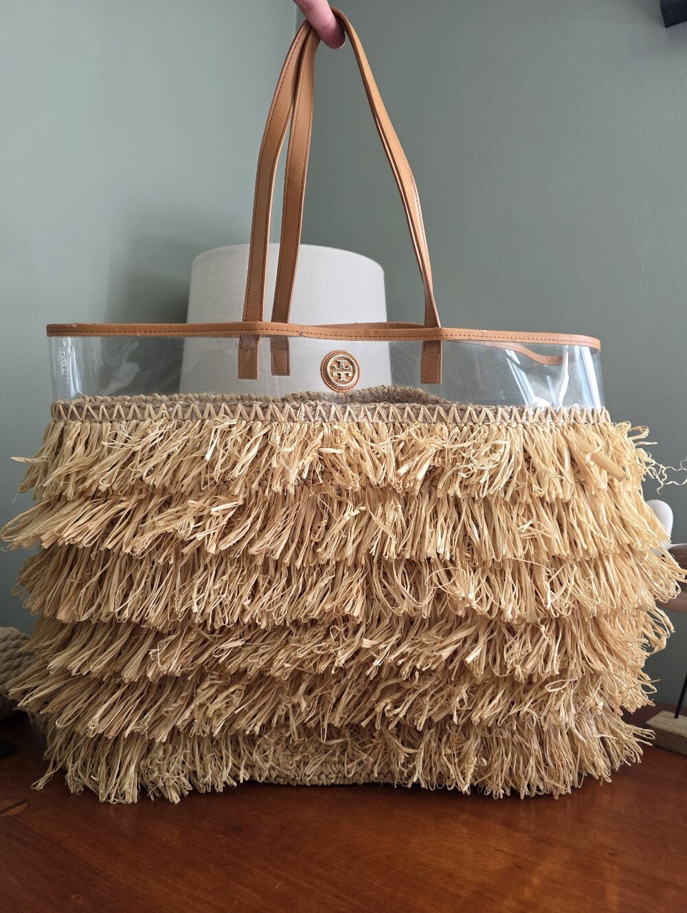 Tory Burch Molly Fringe Tote Natural Raffia Clear PVC Tan Leather Beach Bag